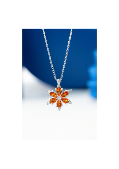 Çekirdekjewelry 925 Ayar Gümüş Turuncu Taşlı Çiçek Kolye Gri