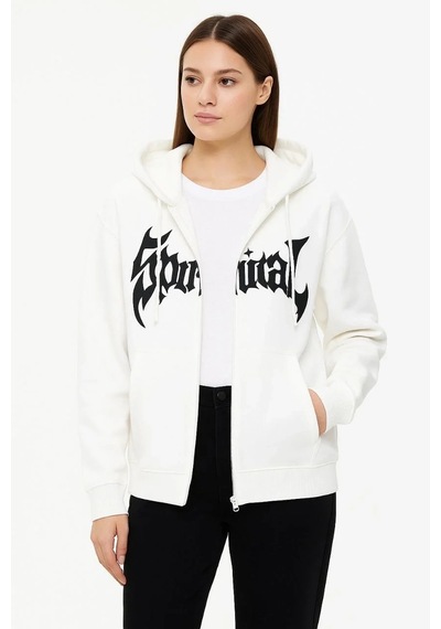 Kadın Kapüşonlu 3 İplik Pamuklu Önü Baskılı Fermuarlı Oversize Hoodie Sweatshirt - Beyaz
