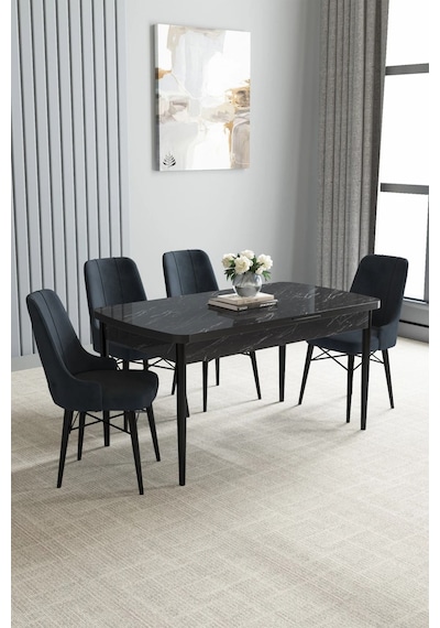 Zümra Serisi, Siyah Mermer Desen 80x132 Açılabilir Mdf Mutfak Masası Takımı 4 Adet Sandalye, Antrasit Zümra Serisi, Siyah Mermer Desen 80x132 Açılabilir Mdf Mutfak Masası Takımı 4 Adet Sandalye, Antrasit