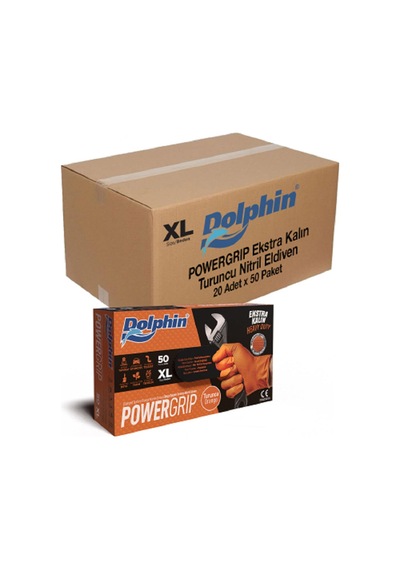 Dolphin Nitril Powergrip Ekstra Kalın Elmas Dokulu Eldiven Turuncu Xl Büyük Boy - 50'li 20 Paket