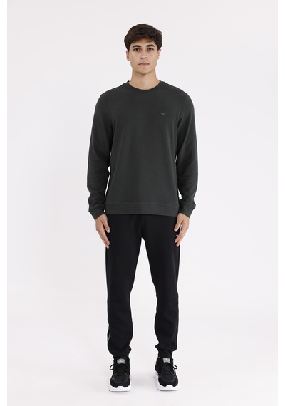 Rowinger Yatay Dokulu Ottoman Yüzey Tonal Logo Detaylı Bisiklet Yaka Standart Kalıp Sweatshirt Haki