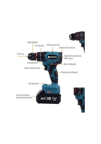 Prohummer Ph297 Kömürsüz Motor 36vf 5ah Metal Mandren Vidalama Matkap Seti 10p