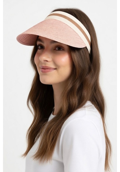 Mollycrush Kadın Toz Pembe Hasır Taç Vizör Tesettür Uyumlu Yazlık Plaj Ve Tenis Şapkası Toz Pembe