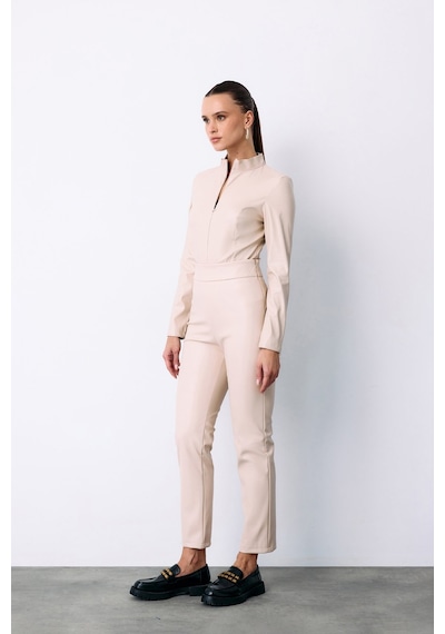 Sateen Yüksek Bel Deri Pantolon - Taş-135286 Taş
