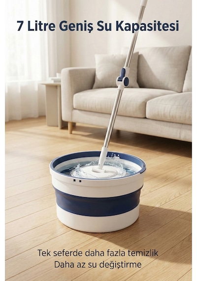 Katlanabilir Spin Mop Temizlik Seti 7l Kova, 360 Döner Başlık, Teleskopik Sap, Yer Tasarruflu Mop Seti