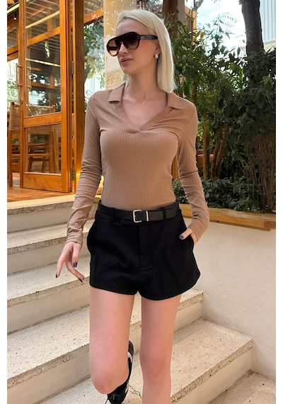 Madmext Bej Polo Yaka Fitilli Kadın Body Mg2566 Bej