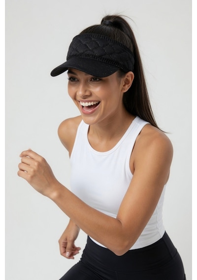 Mollycrush Vizör Spor Şapkası Tenis Koşu Antrenman Aksesuarı Kadın Siyah Kapitone Lastikli Siyah