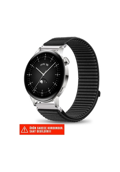 Huawei Watch Gt/gt2/gt3 Elegant 42mm Uyumlu Hasır Örgü Spor Cırtlı Naylon Kordon, Siyah, 20mm