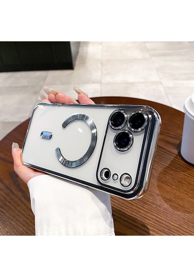 Apple Uyumlu iPhone 17 Pro Max İçin Magsafe İle Kılıf Kamera Lensli Korumalı Şeffaf Silikon Kapak Gümüş