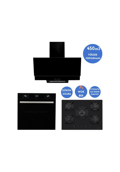 Eminçelik Ve Afm Tech Felora FM7600 - 22 385 WOK - FM3300 Siyah Cam 3'lü Ankastre Set