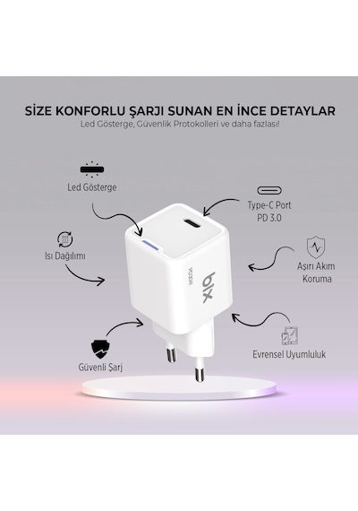 Bix BX1P30G GaN 30W Led Göstergeli Hızlı Şarj Cihazı Beyaz