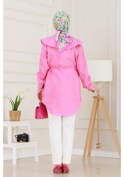 Sevitli Beli Bağcık Detaylı Geniş Yaka Tunik-pembe-4993 Pembe