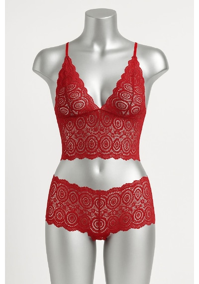 Moda Dua Kadın Kırmızı Dantel Bralet Şort Takımı Tutkulu Ve Çekici İç Giyim