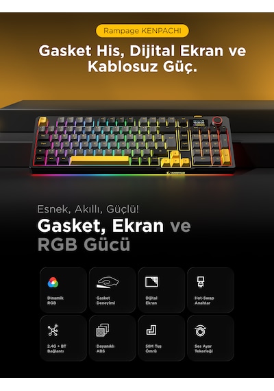 Kenpachi Ekranlı 2.4g + Bt Wireless Rgb Hot Swap Gasket Oil Switch Mekanik Klavye Oyuncu Klavyesi Türkçe