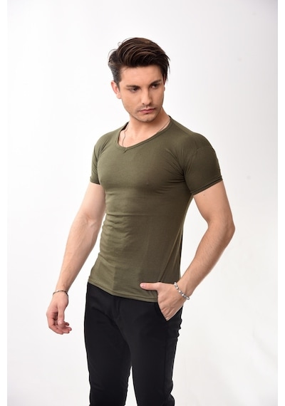 V Yaka Basic Slim Fit Erkek Tişört T-Shirt 10 Renk
