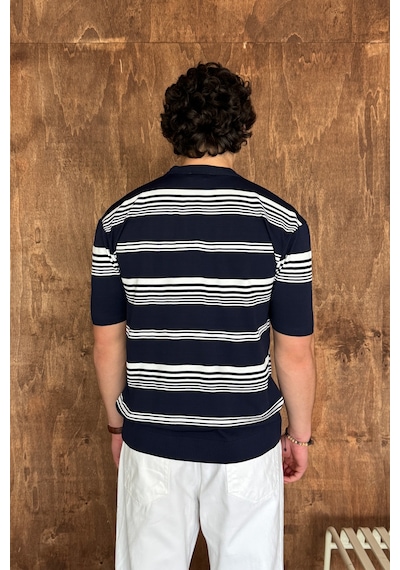 Erkek Bisiklet Yaka Oversize Çizgili Triko T-shirt Lacivert