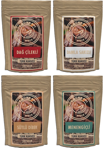 1x100 Gr Damla Sakızlı 1x100 Gr Sütlü Dibek 1x100 Gr Dağ Çilekli 1x100 Gr Menengiçli Türk Kahvesi Geleneksel