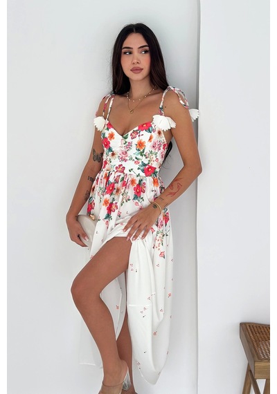 Asprin Fashion Çiçek Desenli Elbise İthal Krep Kumaş Beyaz Beyaz