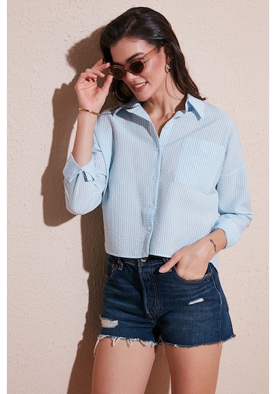 Lela Regular Fit Çizgili Göğüs Cepli Dokulu Bayan Gömlek 6772870 Bebe Mavi