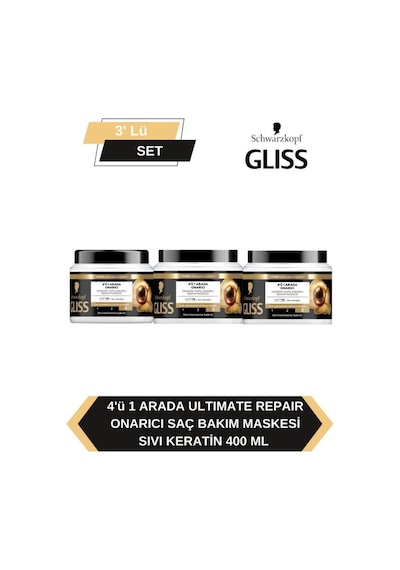 Gliss 4'ü 1 Arada Onarıcı & Yeniden Yapılandırıcı Saç Bakım Maskesi Ultimate Repair 3 x 400 ML