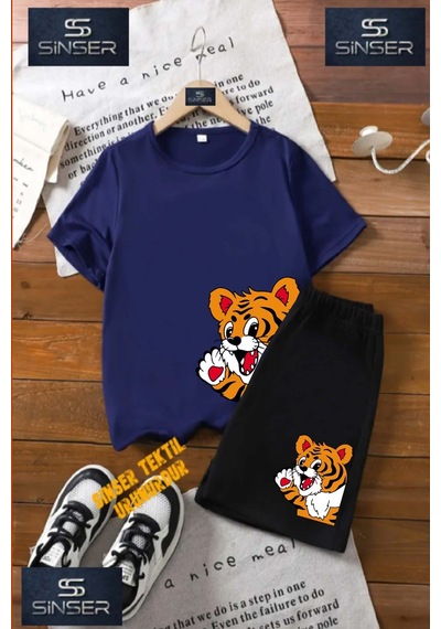 Ss Sinser Çocuk Unısex Yandan Sevımlı Kaplan Özel Baskılı Bisiklet Yaka Tişört - Şort Alt - Üst Çocuk Takım Renk:lacıvert Lacivert