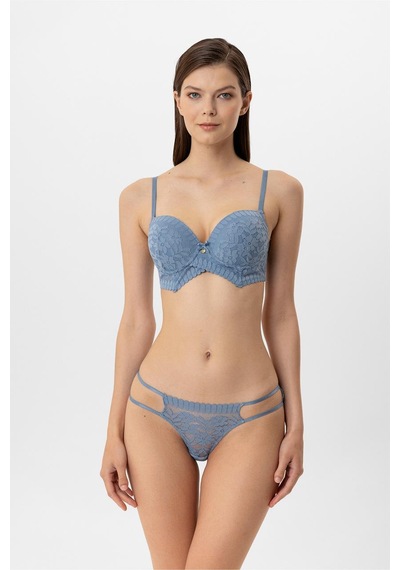 Pierre Cardin Lingerie Kadın Milan Push Up Dantelli Sütyen Tanga Takım Mavi
