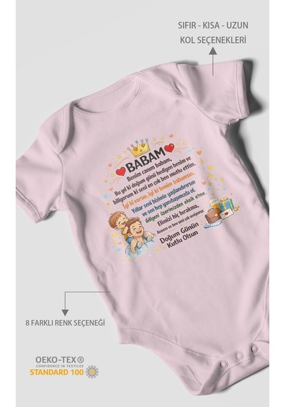 Morivokids Babam Doğum Günün Kutlu Olsun Kısa Kollu Bebek Body %100 Pamuk Bebe Pembe