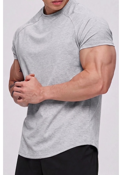 Genius Store Erkek Spor Tişört Running Sports Gym Reglan Oval Kesim Penye T-shirt Ovalt-shirt Gri Melanj