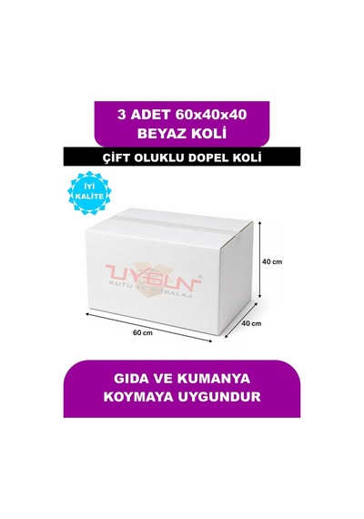 3 Adet 60x40x40 Beyaz Çeyiz Kolisi, Taşıma Kolisi, Boş Karton Koli, Çift Oluklu