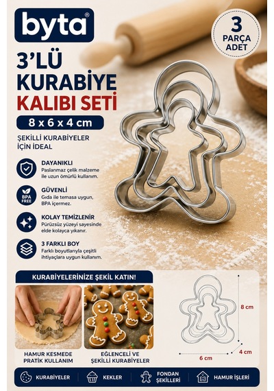 3'lü Paslanmaz Çelik Kurabiye Adam Kurabiye Kalıbı Seti Kurabiye Ve Şeker Hamuru Kesici 8 X 6 X 4 Cm Diğer
