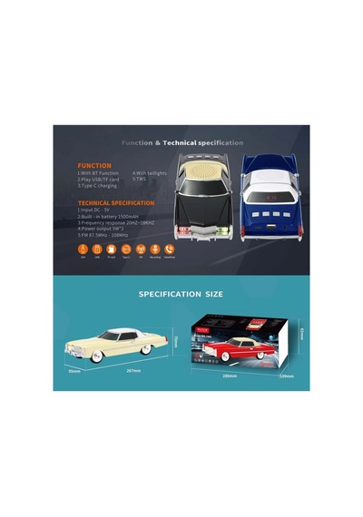 Cadillac Eldorado Nostaljik Araba Şeklinde Bluetooth Speaker Şarjlı Kablosuz Hoparlör