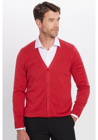 Tudors Erkek Slim Fit Düğmeli Düz Pamuklu Kırmızı Hırka-24131 Kırmızı