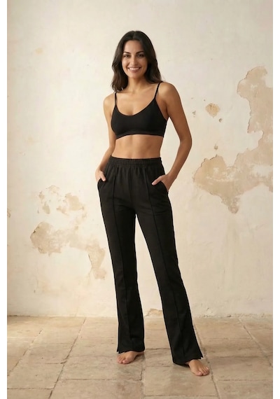 Hiccup My Fashıon Yüksek Bel Geniş Paça Örme Jogger Siyah