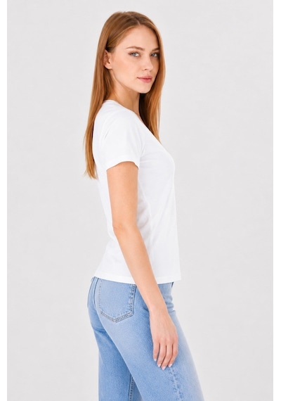 Sortie Collection Kadın V Yaka Tül Detaylı Pamuklu Basic Tişört Ekru
