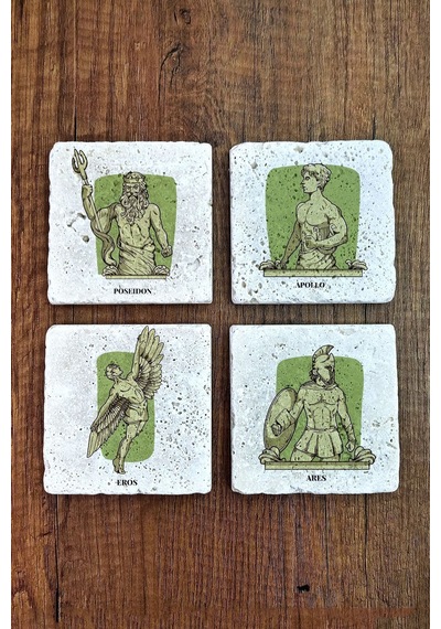 Doğal Taş Bardak Altlığı 4'lü Set 10x10x1 Cm Hellenic Mitoloji Heykel Görselleri-stone Coasters Çok Renkli
