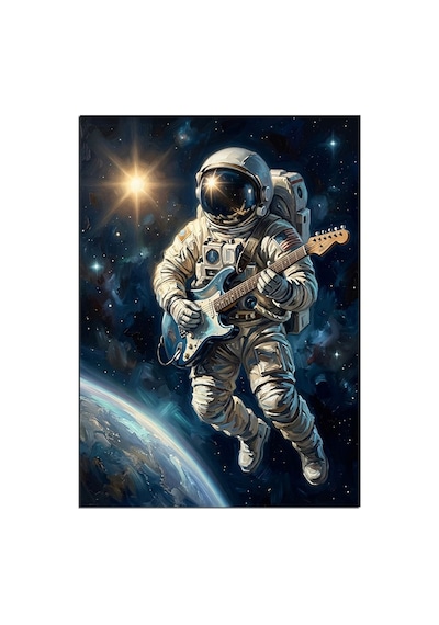 Uzayda Gitar Çalan Astronot Tablosu Dekoratif Kanvas - Mdf Ahşap Tablo Çok Renkli