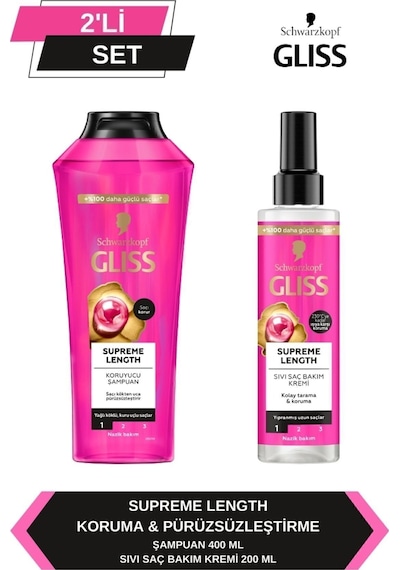 Gliss Supreme Length Uzun Saçlara Özel Şampuan 400 ML + Durulanmayan Sıvı Saç Kremi 200 ML