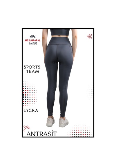Missmaral Kadın Alt Üst Takım Fitness Pilates Koşu Spor Slm Fit Tayt Çift Cep Yüksek Bel Likralı Antrasit 3065 Antrasit