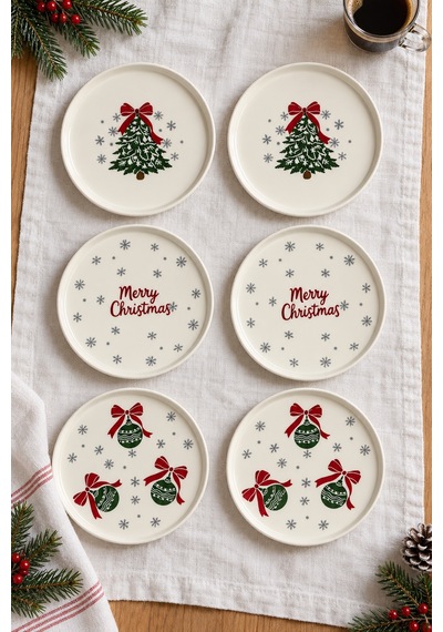 Merry Christmas 6 Lı 20 Cm Stackable Seramik Pasta, Tatlı Ve Servis Tabağı Seti Beyaz