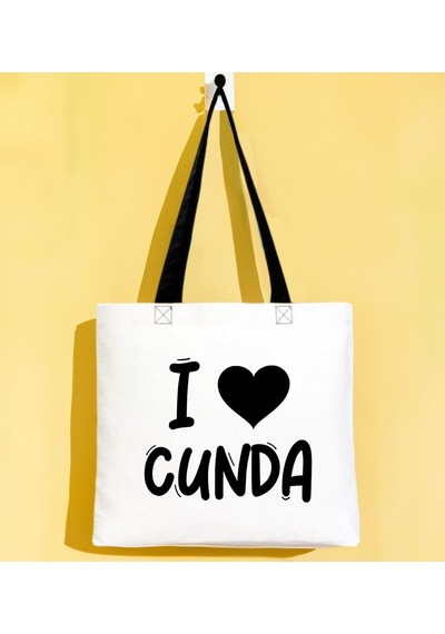 Bk Gift I Love Cunda Siyah Renkli Kulp Gabardin Bez Çanta 40x35cm, Baskılı Omuz Çantası, Alışveriş Çantası, Plaj Çantası