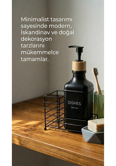 Makri Home Metal Stantlı Bambu Kapaklı Cam Sıvı Sabunluk/deterjanlık, 500 Ml, 15 8,5 23 Cm Siyah