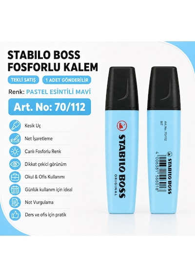 Boss Fosforlu Kalem 1 Adet Metin İşaretleme Kalemi Gök Mavisi