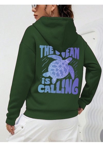 Uyguntarz Unisex The Ocean İs Calling Baskılı Tasarım Oversize Sweatshirt Yeşil
