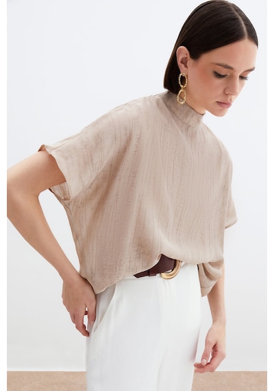 Sateen Desenli Salaş Bluz - Bej-136031 Bej