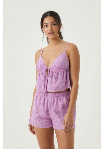 Kadın Lila Astarlı Kendinden Desenli Dokuma Şortlu Pijama Takımı Mor