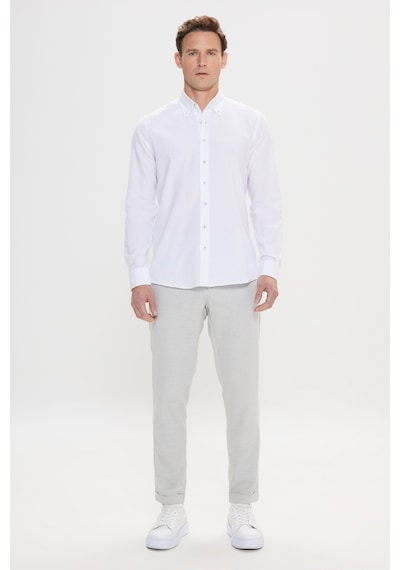 Erkek Beyaz Slim Fit Dar Kesim Düğmeli Yaka Pamuklu Oxford Gömlek Beyaz