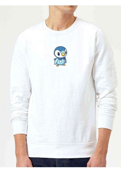 Pokemon Piplup Illüstrasyon Baskılı Beyaz Erkek Sweatshirt