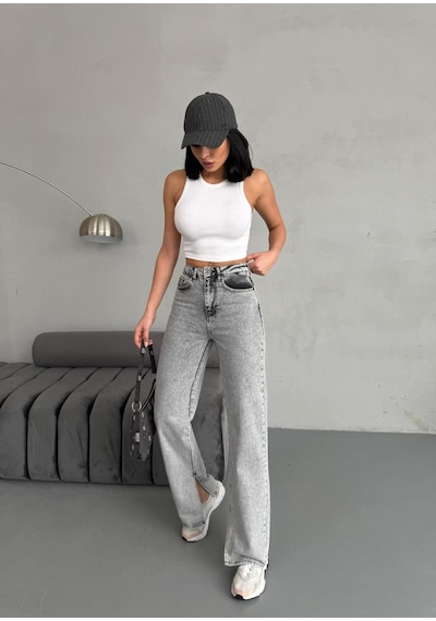 Yırtmaç Detaylı Boru Paça Grey Snow Wash Jean Gri