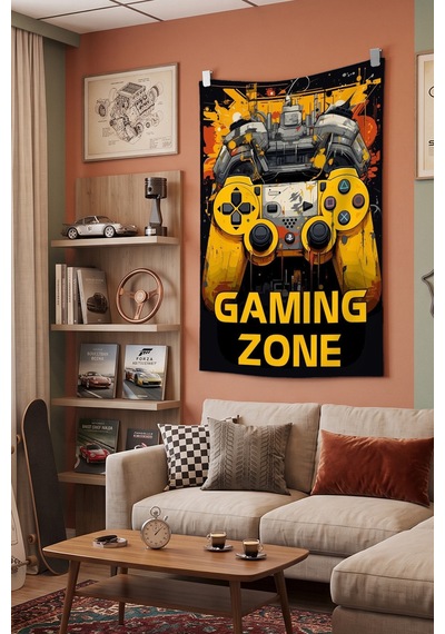 Gaming Zone Duvar Örtüsü, Oyuncu Odası Dekoru, Gamer Baskılı Kumaş Duvar Halısı Beyaz