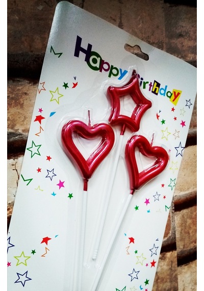Red Heart Candle 2 Adet Metalik Kırmızı Kalpli Pasta Mumu 1 Adet Yıldız Mum Kalpli Doğum Günü Mumu Renkli